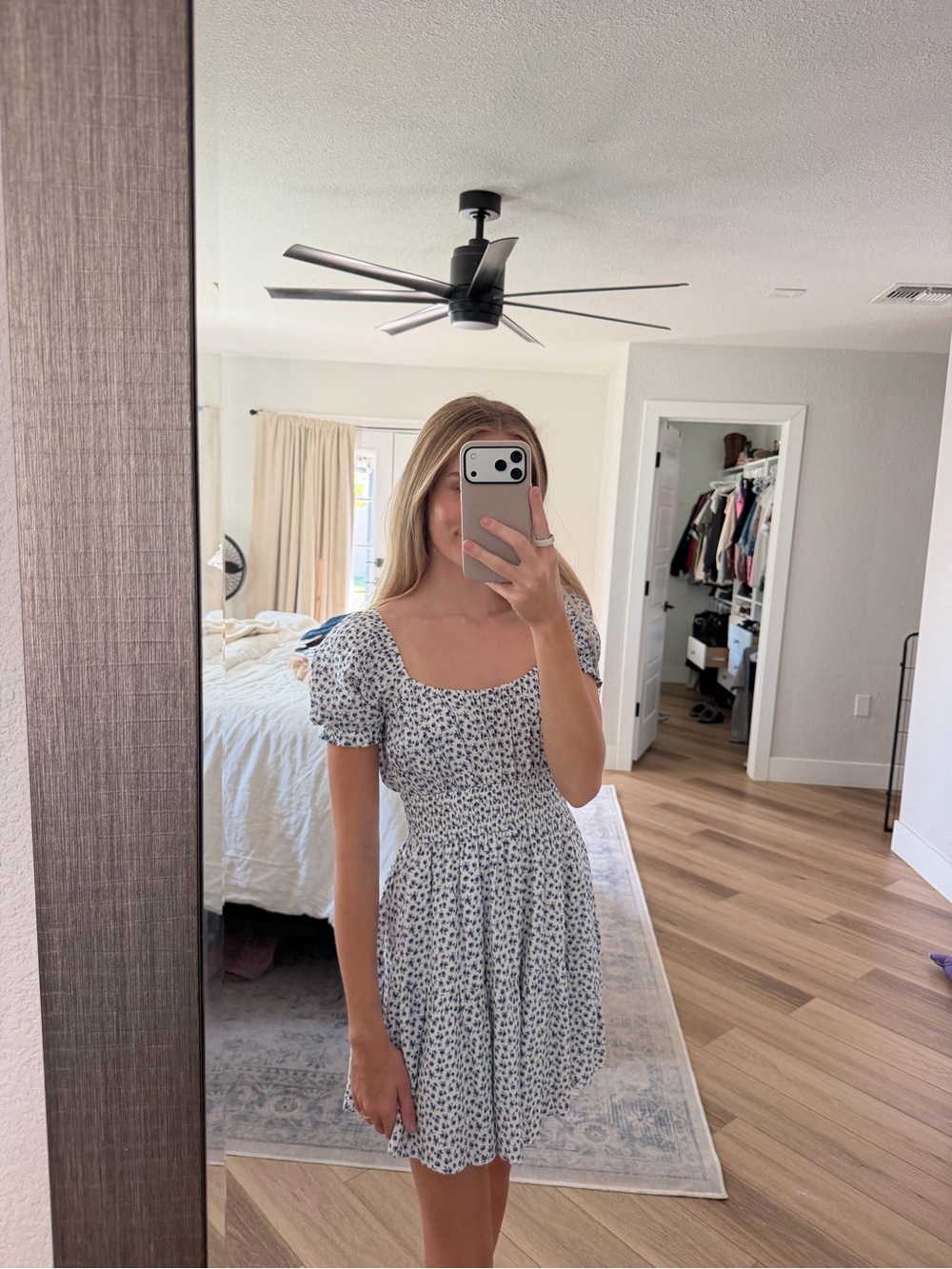 Hollister White Mini Dress with Blue Micro Floral Print
